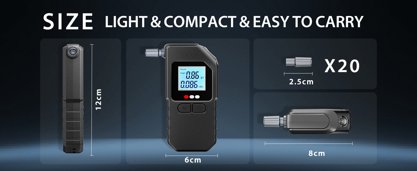 Text reads 'SIZE LIGHT &amp; COMPACT &amp; EASY TO CARRY' with 'X20' indicator. Blue-tinted interface display showing technical specifications.