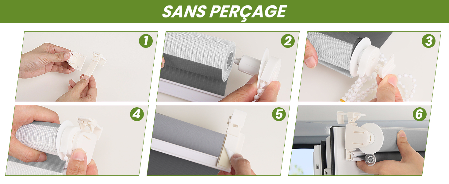 Guide d'instructions à six panneaux pour un produit adhésif perforé. Indique les étapes d'application et de retrait sur une surface.