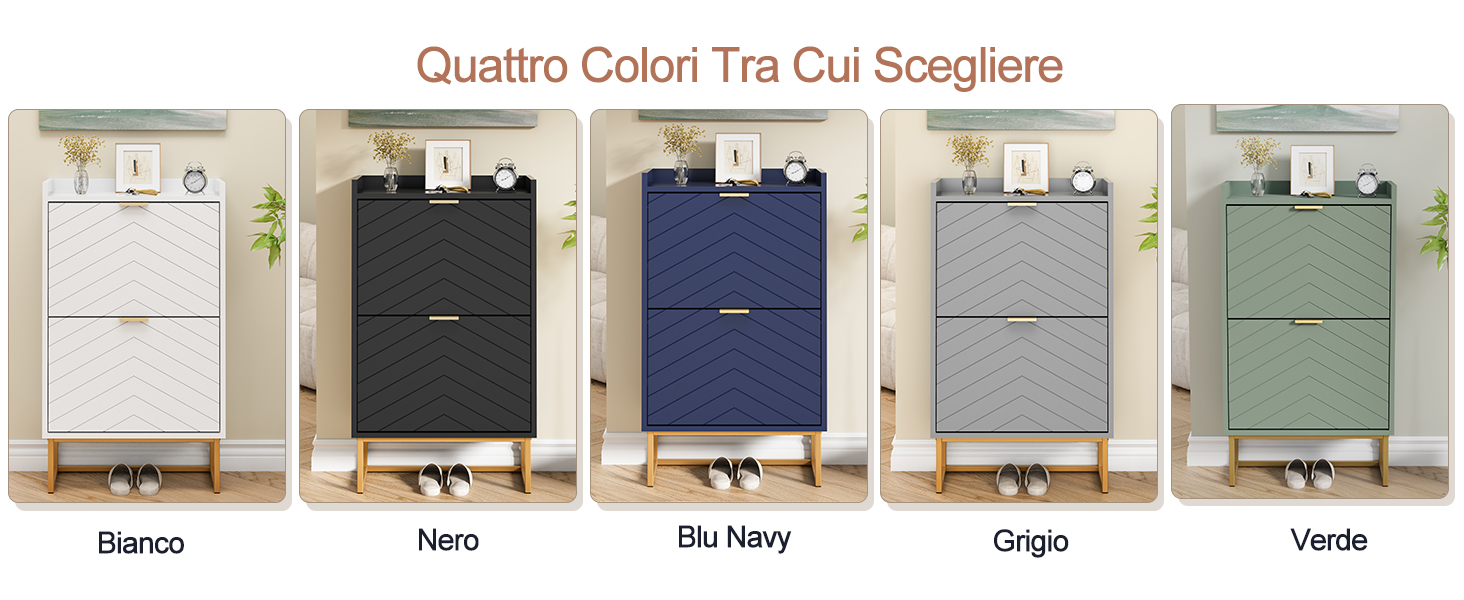 Il testo recita «Quattro Colori Tra Cui Scegliere» con opzioni di colore etichettate «Bianco, Nero, Blu Navy, Grigio, Verde». Cinque letti o pouf imbottiti disponibili nelle finiture bianco, nero, blu marino, grigio e verde con strutture in legno e piante decorative.