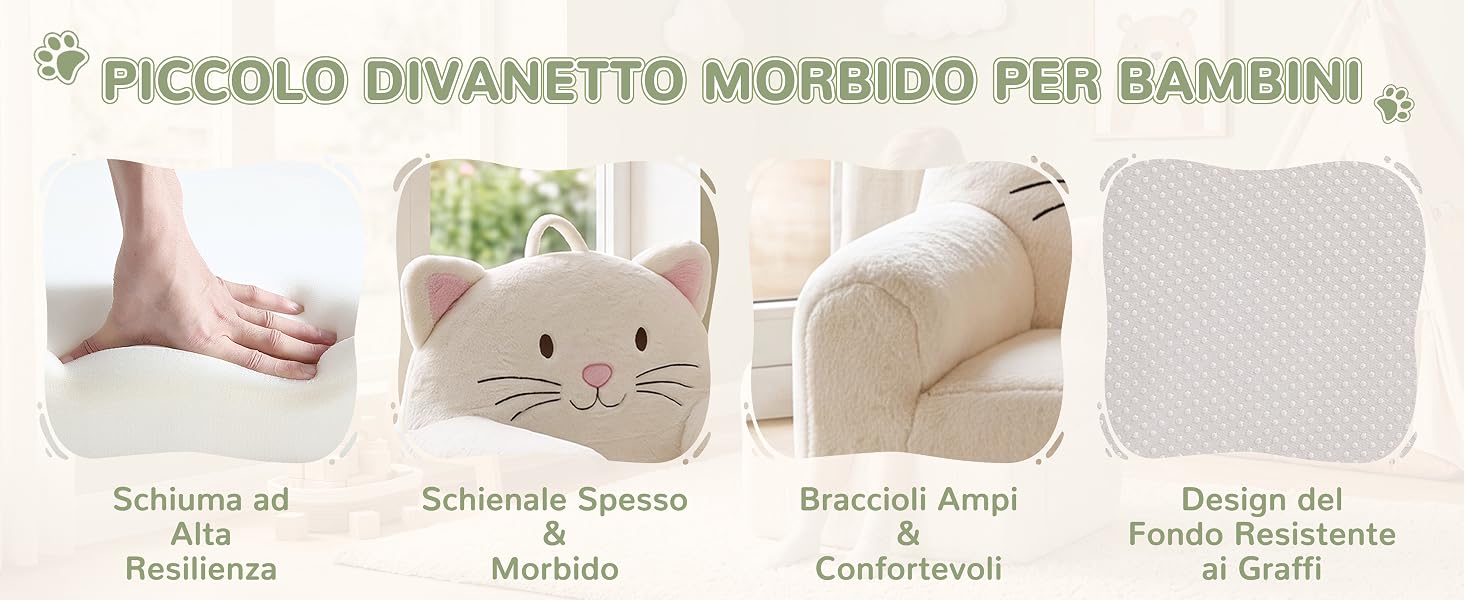Il testo recita «PICCOLO DIVANETTO MORBIDO PER BAMBINI» con quattro varianti di prodotto mostrate: «Schiumà al Alta», «Schiumà Speciale», «Broccato Ama» e «Design delle Famiglie Recentemente Creato». Espositore per collezione di mobili per bambini in toni neutri.