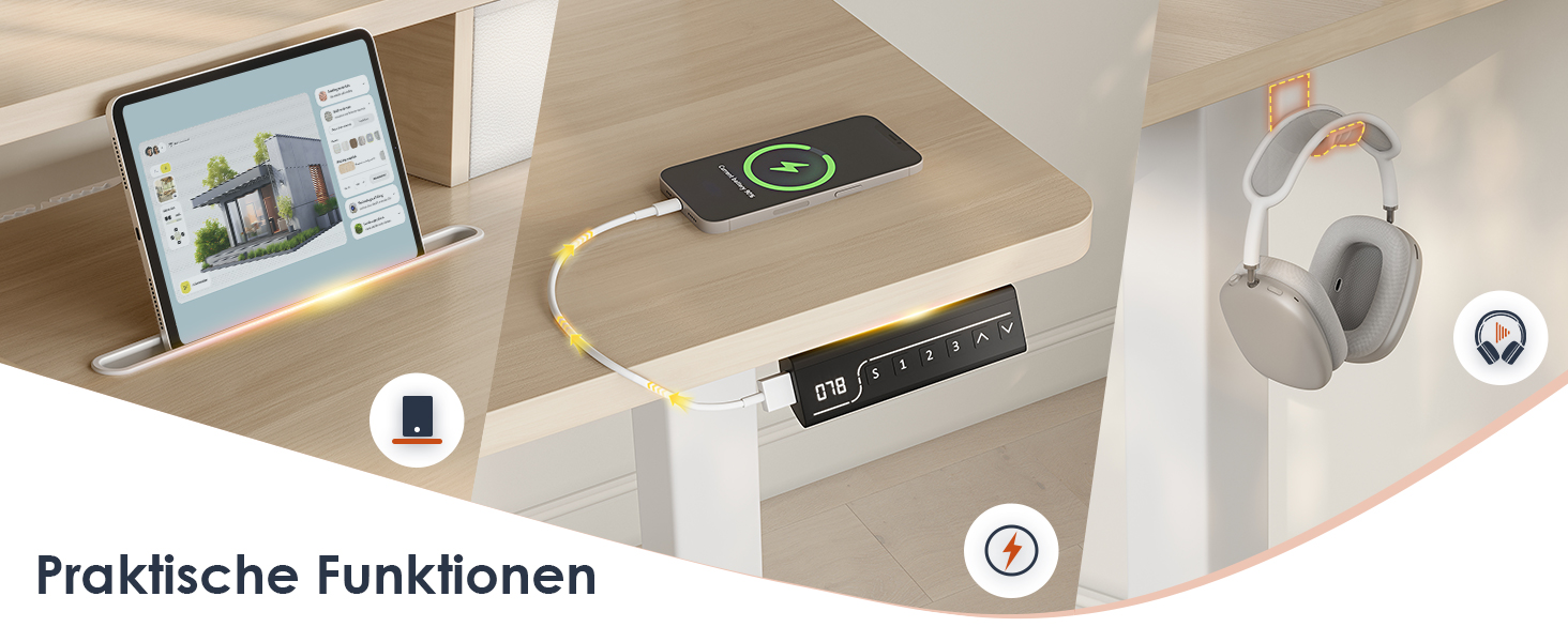 Desktop-Arbeitsplatzeinrichtung mit mehreren Lade- und Konnektivitätsoptionen für Geräte, Telefonhalterungen und Kabelmanagementlösungen.