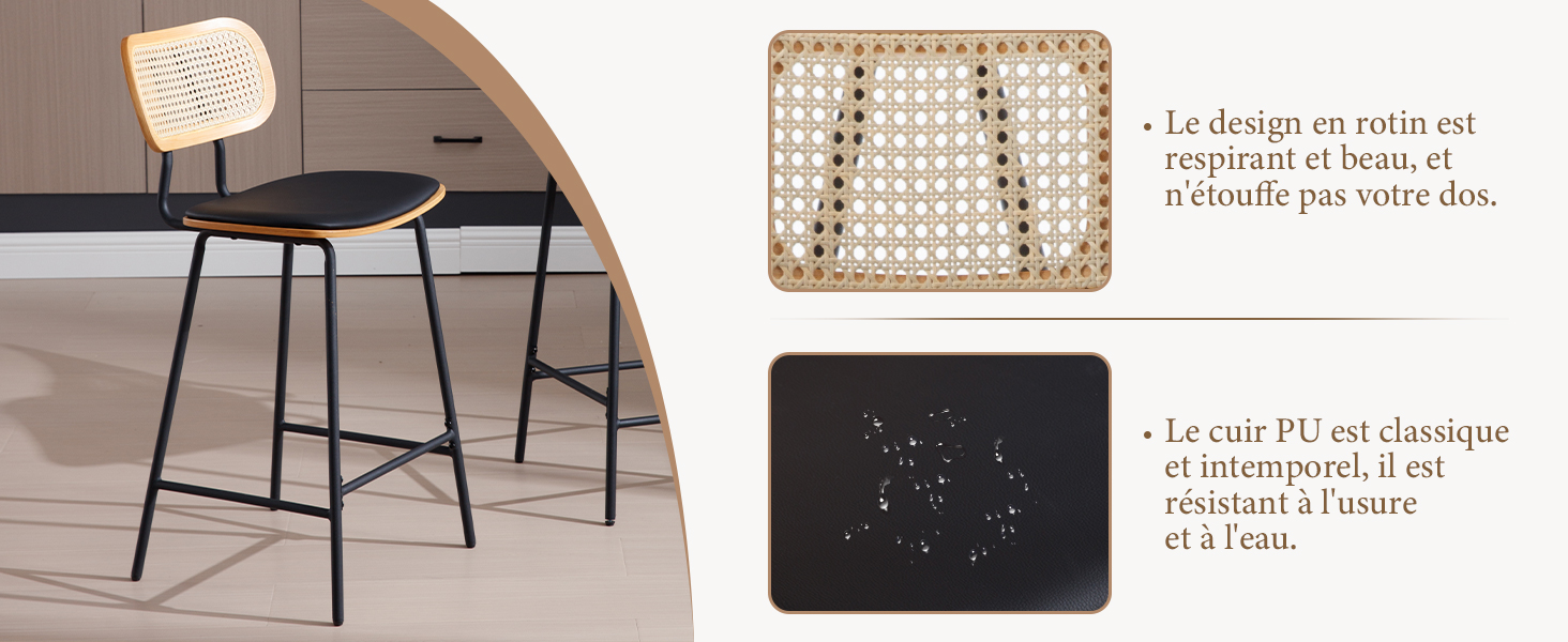 Deux chaises avec si?ges et dossiers en rotin tress�. La chaise de gauche a une structure en m�tal noir, la chaise de droite montre un gros plan du motif de tissage du si?ge