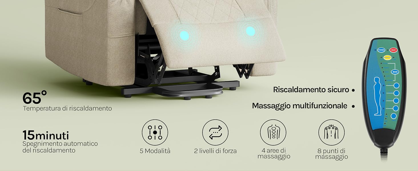 Base per poltrona da massaggio con meccanismo rotante. Il telecomando visualizza le funzioni di massaggio, il timer e le impostazioni della temperatura. Le icone indicano le funzioni di rotazione, calore e massaggio.