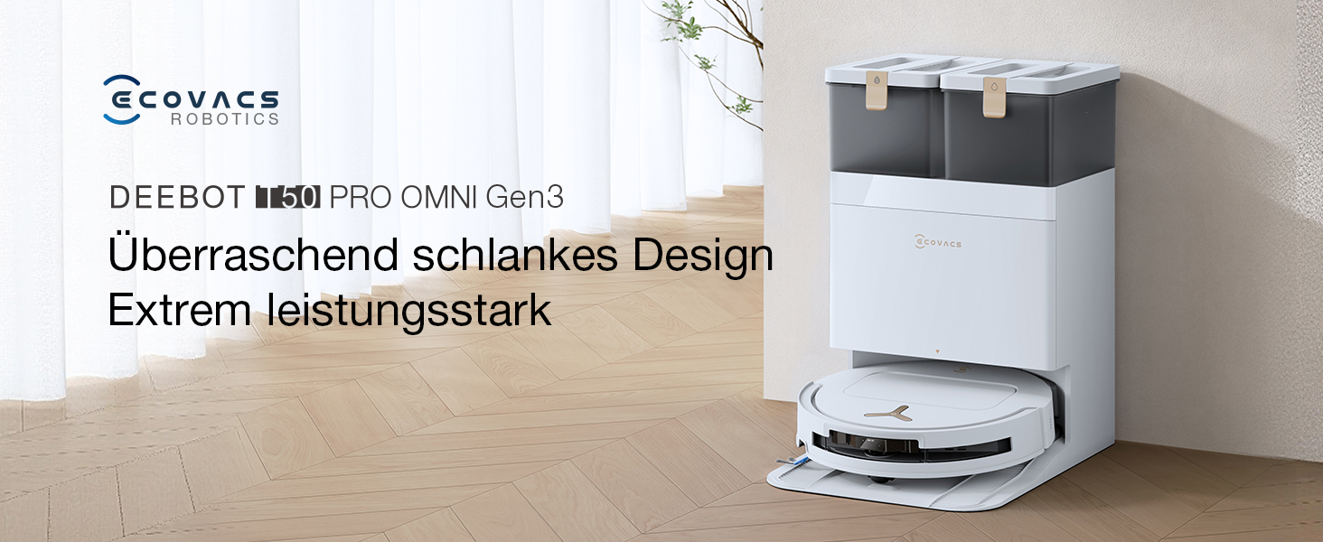 Der Text lautet „SERVACE“, „DEEBOT 3RN PRO Omni Cam“, „überraschend schlankes Design“, „Extrem leistungsstark“. Weißer Roboterstaubsauger mit zylindrischer Ladestation in minimalistischer Raumgestaltung.