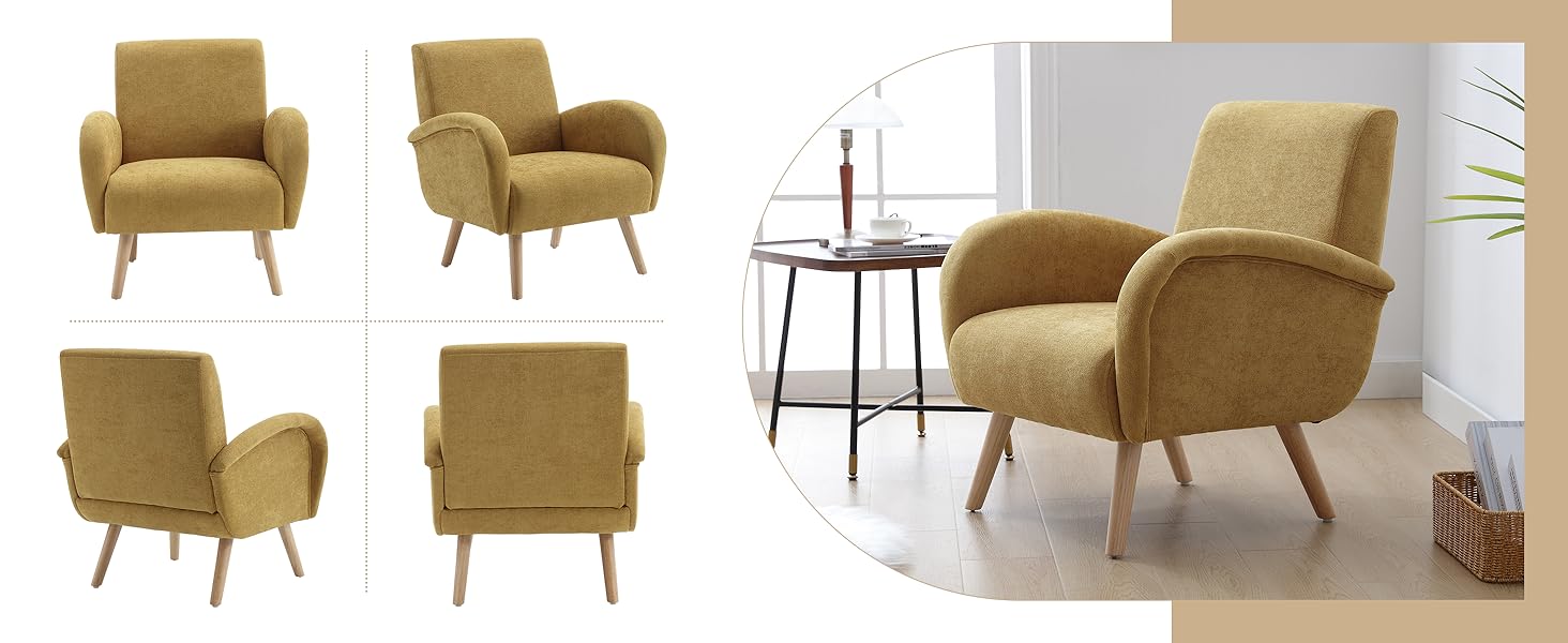 Mustard yellow armchair with curved arms and tapered wooden legs.