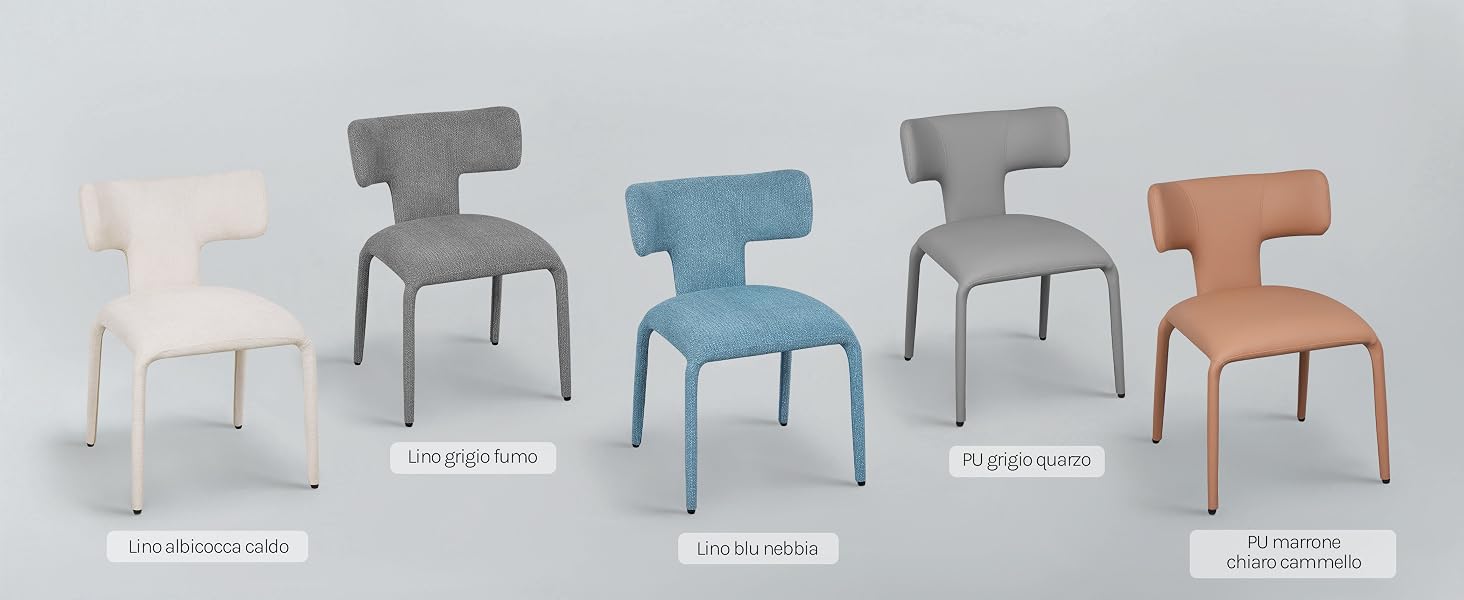 Collezione di sedie moderne presentate in vari colori tra cui blu, pesca, bianco e grigio. Gli angoli di visualizzazione multipli dimostrano il design e la struttura della sedia.