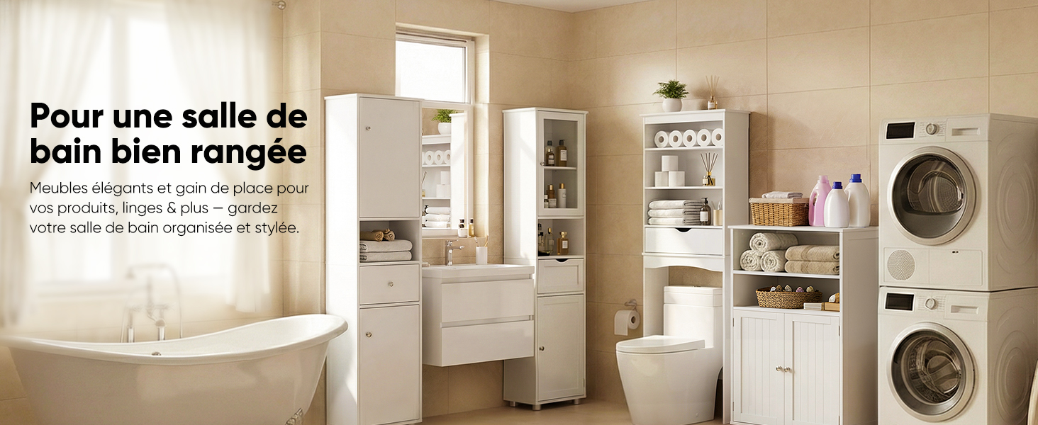 Le texte se lit comme suit : « Pour une salle de bain bien rangée ». Collage d'images intérieures de salle de bain montrant des solutions de rangement organisées avec des armoires blanches, une machine à laver et divers accessoires de salle de bain.