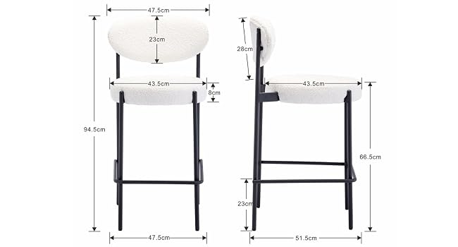 Schéma d'un tabouret de bar montrant des vues de face et de côté avec des mesures détaillées. Assise et dossier blancs sur structure en métal noir. Les dimensions incluent les spécifications de hauteur, de largeur et de profondeur.