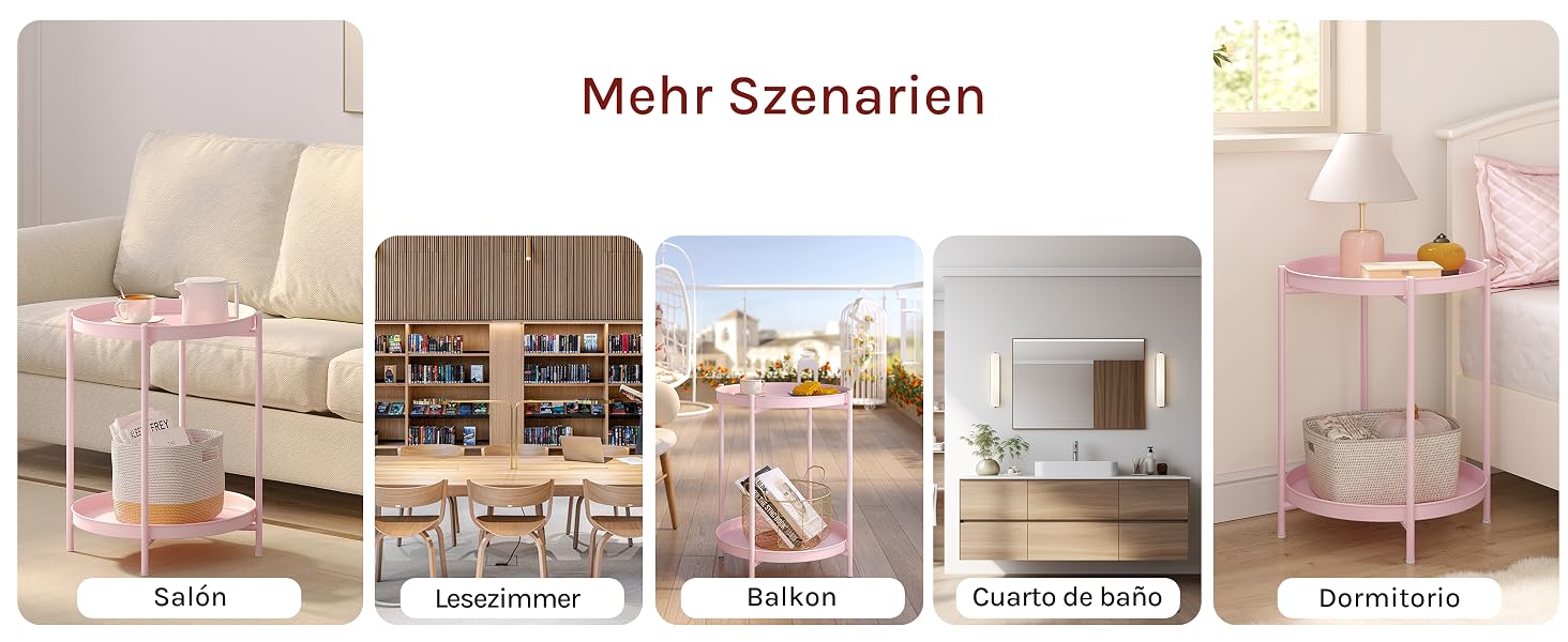 Sammlung von fünf Miniaturansichten von Innenarchitektur-Szenarien, die verschiedene Raumaufteilungen mit hellen Möbeln und Dekorarrangements zeigen