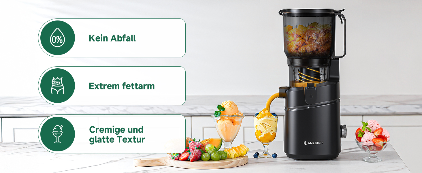 Der Text lautet „Kein Auffall“ und „Extrem fettarm“ mit Häkchen. Schwarzer Mixer, auf dem Obst und Gemüse abgebildet sind und Merkmale wie „Cremige und gutis Textur“ hervorgehoben werden.