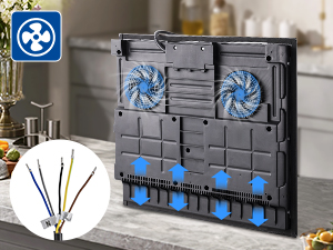 Schwarzes rechteckiges Gerät mit blauen Lüftern, die durch Lüftungsöffnungen sichtbar sind. Verfügt über mehrere USB-Anschlüsse und einen Netzschalter auf der Vorderseite.