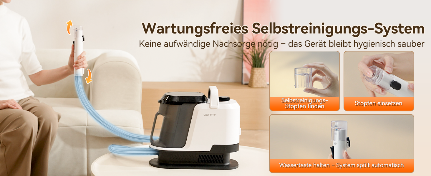 Der Text lautet „Wartungsfreies Selbstreinings-System“, „Keine aufwendige Nachbearbeitung — das Gerät lädt hygienisch sauber“. Das wartungsfreie, selbstreinigende System ist mit Anleitungen und orangefarbenen Akzentfeldern ausgestattet.