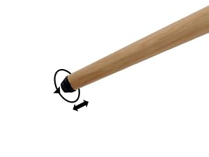 Poignée ou bâton en bois avec clip noir ou mécanisme de support attaché à l'extrémité inférieure. Texture en bois naturel avec attache métallique simple montrée sur fond clair.