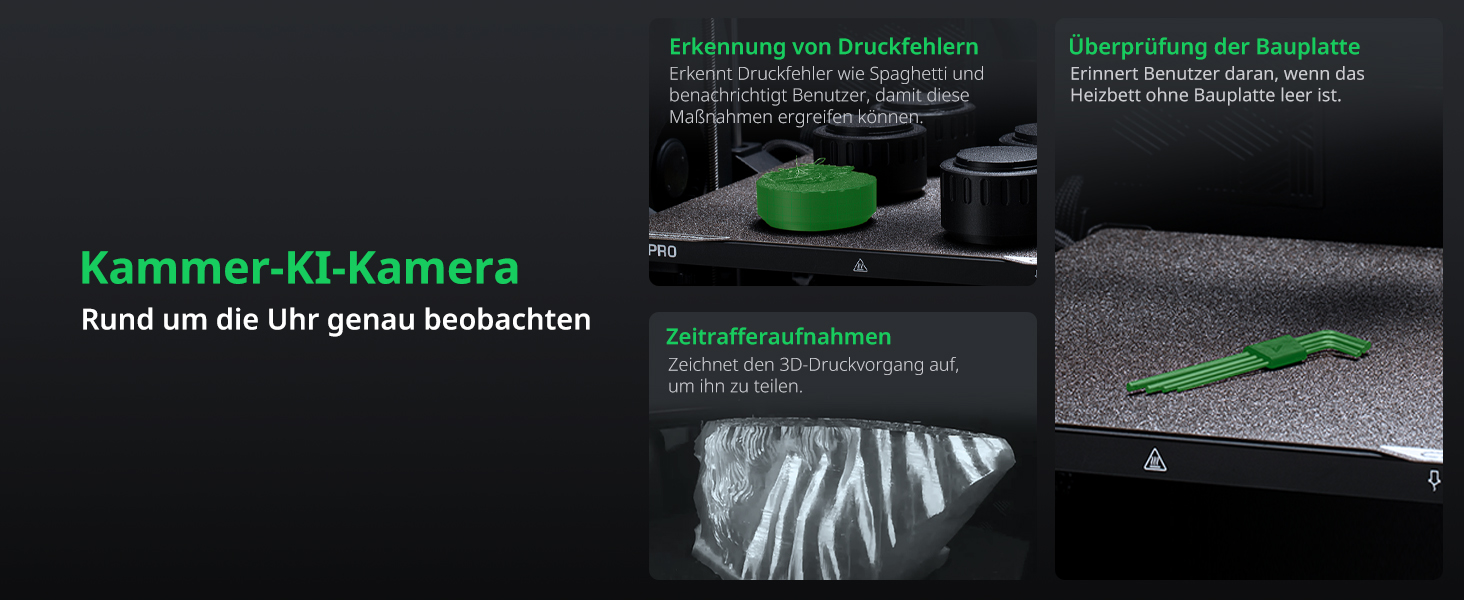Der Text lautet „Kammer-KI-Kamera“ und „Rund um die Uhr genau beobachten“. Die Oberfläche der Sicherheitskamera zeigt das Überwachungssystem mit grünen Kommentarlinien.