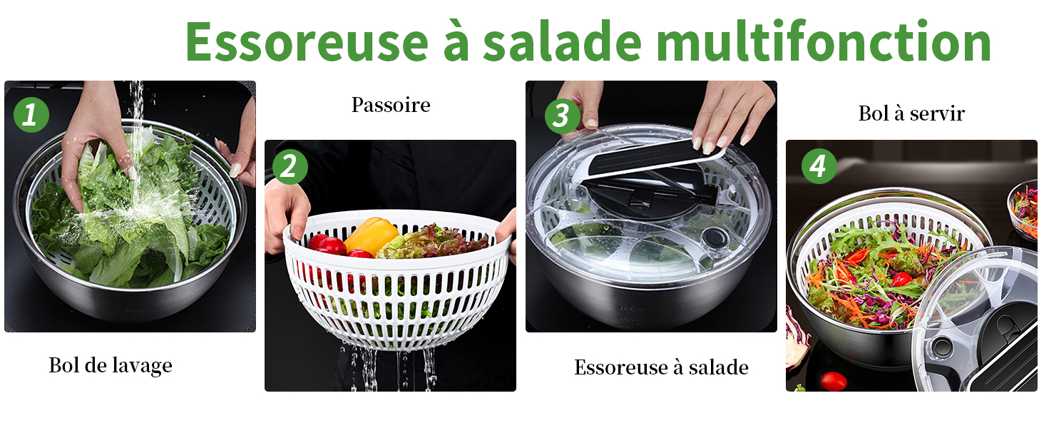 Der Text lautet 'Multifunktionale Salatschleuder'. Produktvorführungssequenz, die eine Salatschleuder mit verschiedenen Anwendungs- und Reinigungsschritten zeigt.
