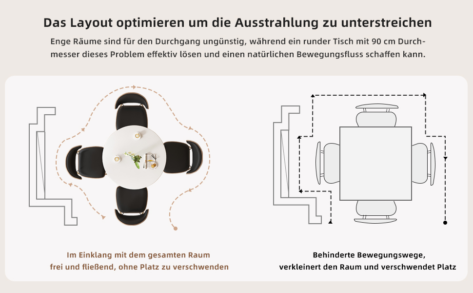 Der Text lautet „Das Layout optimieren um die Ausstattung zu unterstreichen.“ Technische Diagramme, die die Anordnung der Möbel und die Abstandsrichtlinien zeigen.
