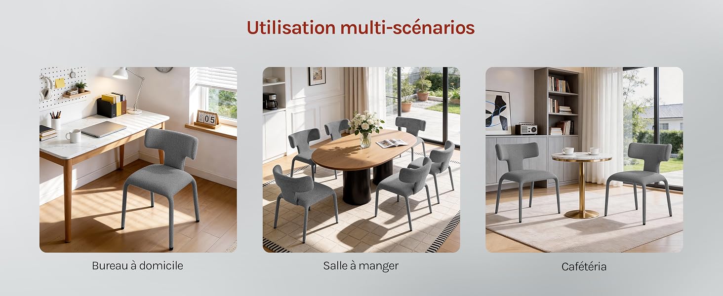 Le texte se lit comme suit : « Utilisation multiperspectives ». Série d'images de pièces intérieures montrant des agencements de meubles minimalistes modernes dans différentes configurations.