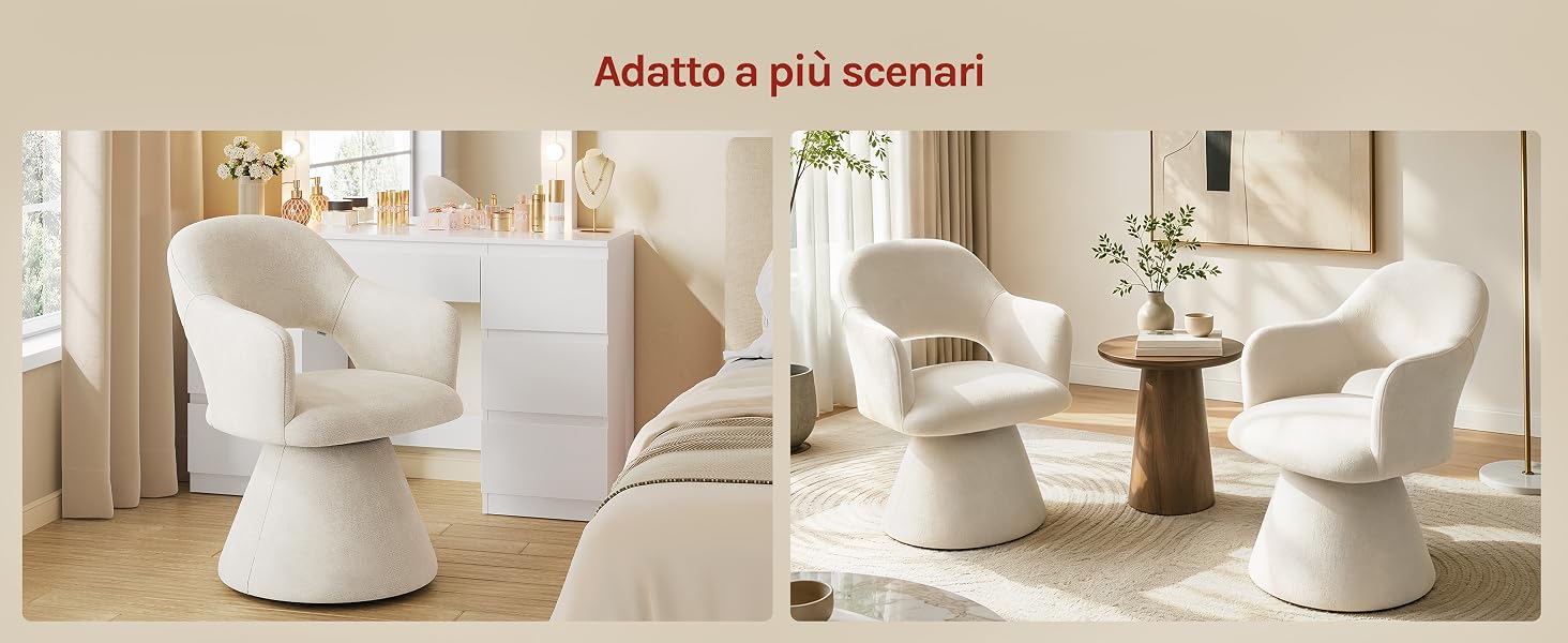 Il testo recita «Adatto a più scenari» (Adatto a più scenari). Showroom interno con mobili moderni color crema, tra cui sedie curve, tavolini rotondi e lampade a sospensione in un ambiente domestico minimalista.