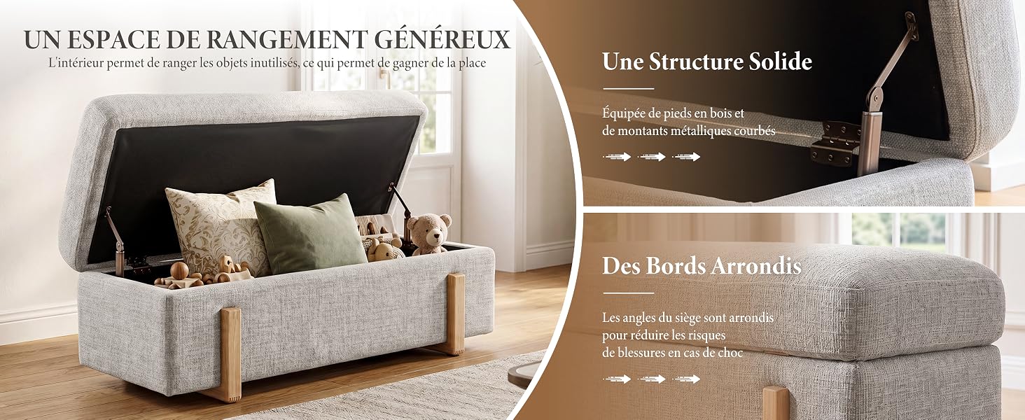 Le texte se lit comme suit : « UN ESPACE DE RANGEMENT GÉNÉREUX », « Une Structure Solide », « Des Bords Arrondis ». Image à panneaux divisés montrant un banc de rangement rembourré avec coussin en tissu gris clair, avec bords arrondis et compartiment de rangement intérieur.