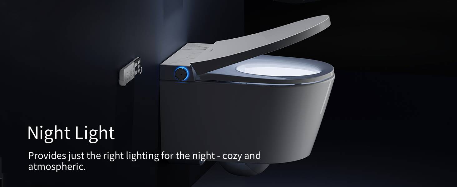 Text reads 'Night Light' and 'Provides just the right lighting for the night - cozy and atmospheric.' Smart toilet seat with integrated night light feature, white ceramic bowl with gray lid and blue LED light indicator.