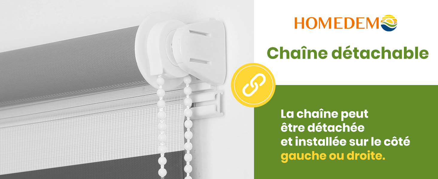 Mécanisme à chaîne de store blanc avec fonction amovible, indiquant les options d'installation pour un montage du côté gauche ou droit.