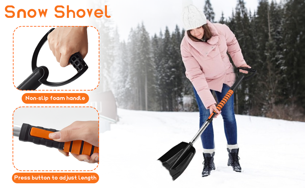Der Text lautet „Snow Shorel“. Produktvorführung mit orangefarbenen und schwarzen Griffen der Schneeschaufel sowie einer Einsatzszene im Winter in verschneiter Umgebung.