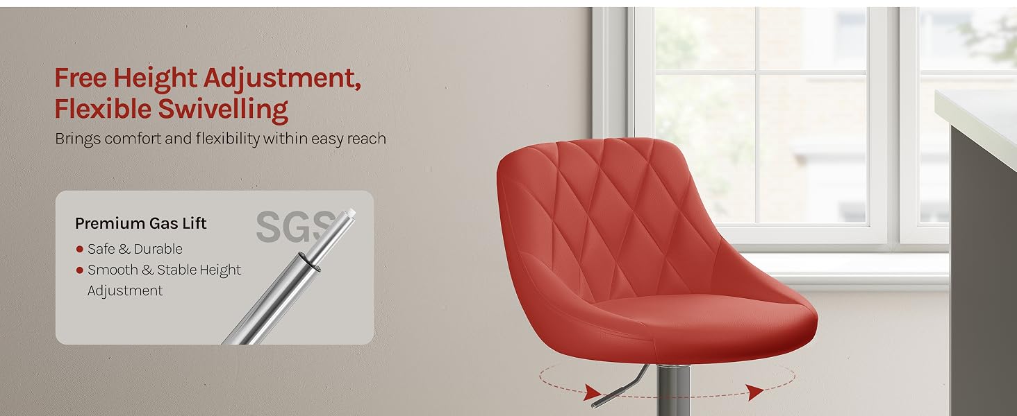 Text reads 'Few Height Adjustments, Stylish Comfort' with product specifications shown. Red upholstered modern chair with curved backrest displayed in bright interior space with windows.