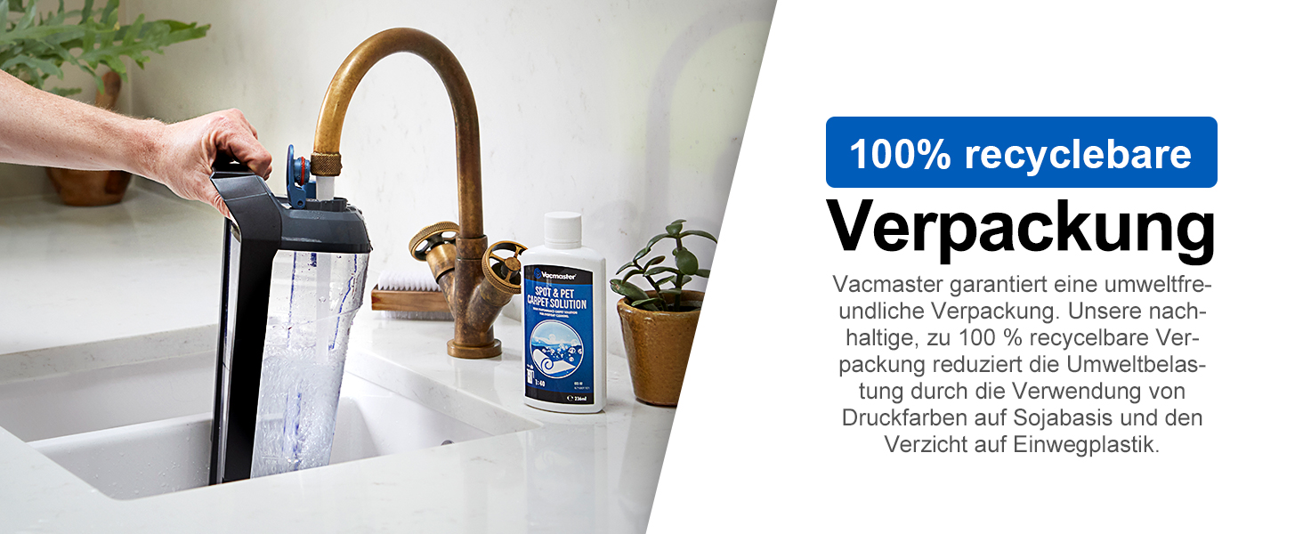 Wasserfilter oder Luftreiniger, der mit Küchenarmatur verwendet wird, zusammen mit einem Text über eine zu 100% recycelbare Verpackung in deutscher Sprache