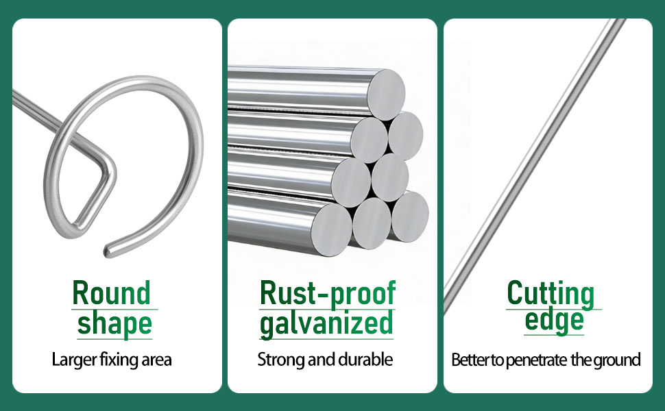 Text reads 'Round shape', 'Rust-proof galvanized', 'Cutting edge'. Technical diagram showing metal rod features including larger fixing area, strength, and ground penetration capabilities.