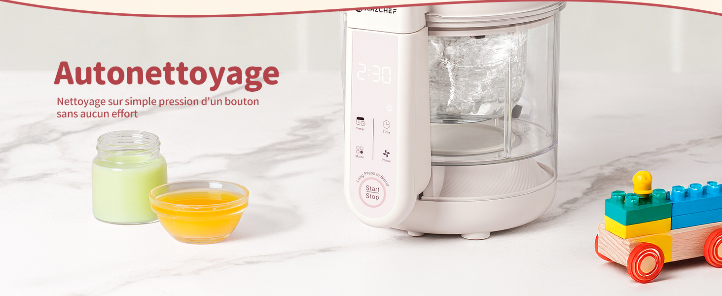 Le texte indique « Autonettoyage ». Cadre clinique blanc avec divers contenants et équipements, y compris des récipients transparents contenant des objets en plastique liquides et colorés.