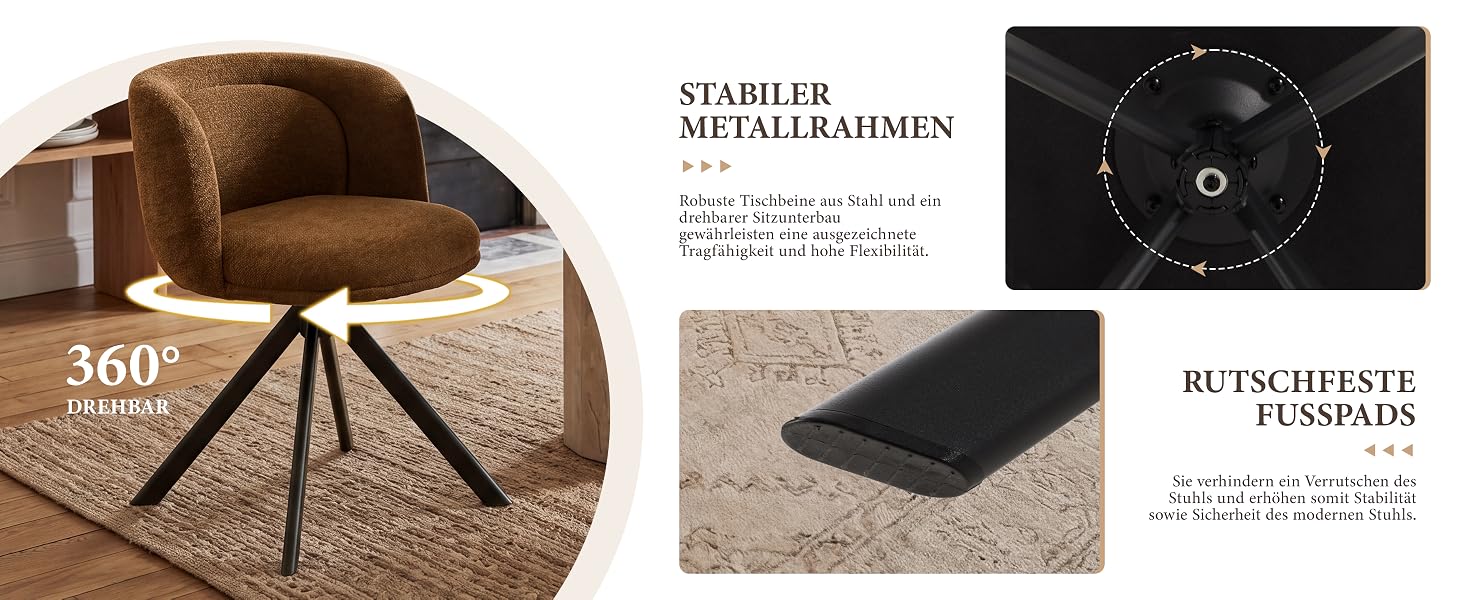 Der Text lautet „STABILER METALLRAHMEN“, „RUTSCHFESTEM FUSSPAD“. Um 360 Grad drehbarer brauner Stuhl, aus mehreren Blickwinkeln dargestellt, mit Metallrahmendetails und Griffpolstern als Fußteil.