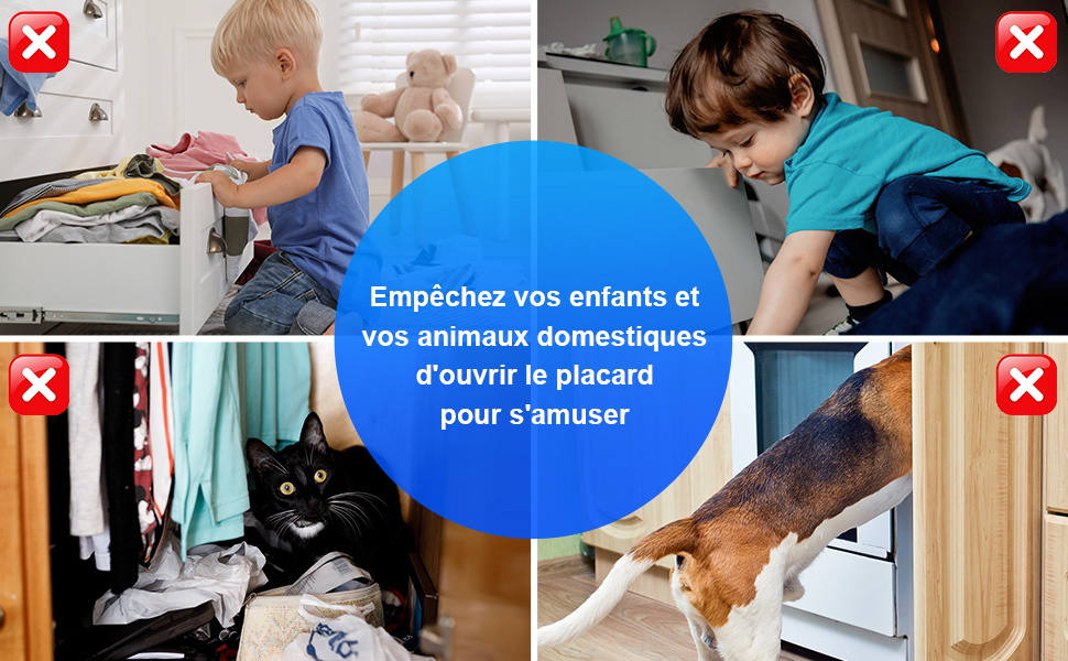 Collage d'images montrant des enfants et des animaux domestiques à proximité d'appareils électroménagers avec le texte d'avertissement « Empêchez vos enfants et vos animaux domestiques ». Montre les problèmes de sécurité liés aux appareils ménagers.