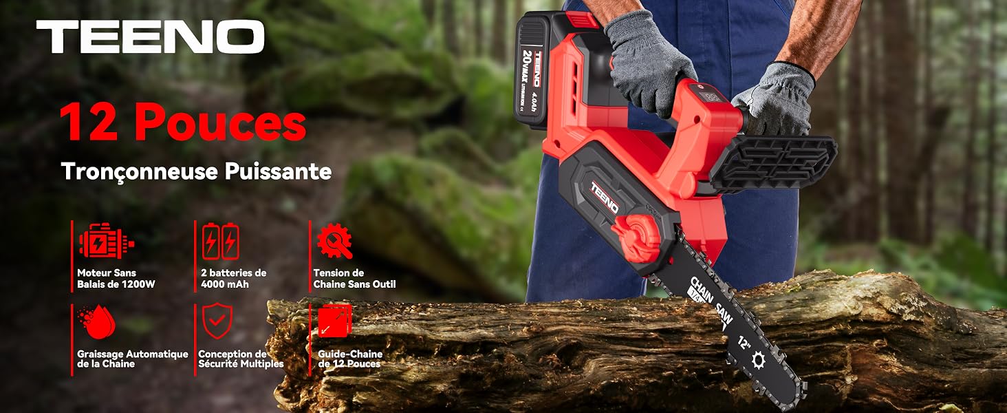 Le texte indique « TEENO » « 12 sachets ». Publicité montrant un outil électrique rouge utilisé pour couper du bois en extérieur.