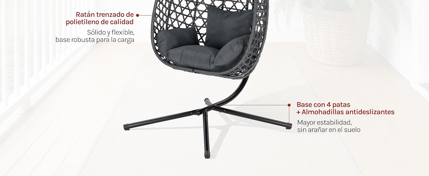 Diagrama técnico que muestra una silla colgante con soporte de trípode. Las especificaciones y medidas se indican con flechas que apuntan a diferentes partes de la estructura.