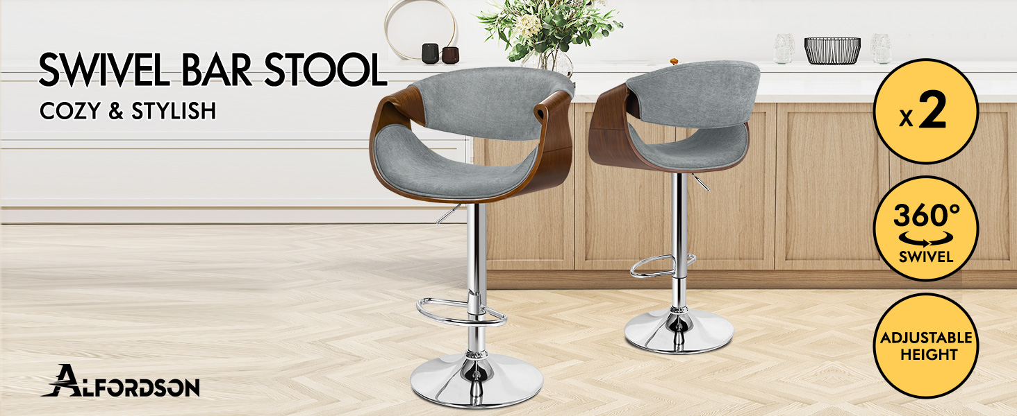 Text reads 'SWIVEL BAR STOOL COZY &amp; STYLISH' and 'AUREODEOR'. Two gray upholstered bar stools with chrome swivel bases shown with '×2', '360°', and 'ADJUSTABLE HEIGHT' indicators in yellow badges.