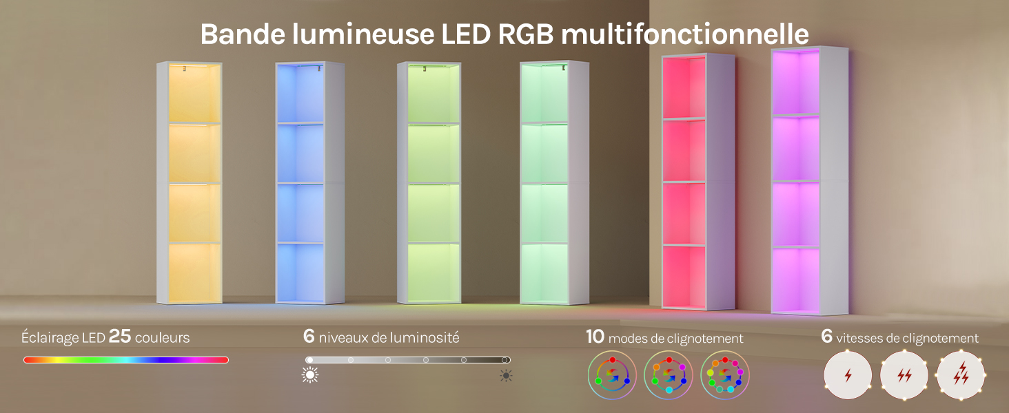 Le texte indique « Bande lumineuse LED RGB multifonctionnelle » avec les options de couleur affichées : blanc chaud, bleu froid, vert, menthe, rose, violet. Panneau de commande avec paramètres visibles sous les bandes de couleur.