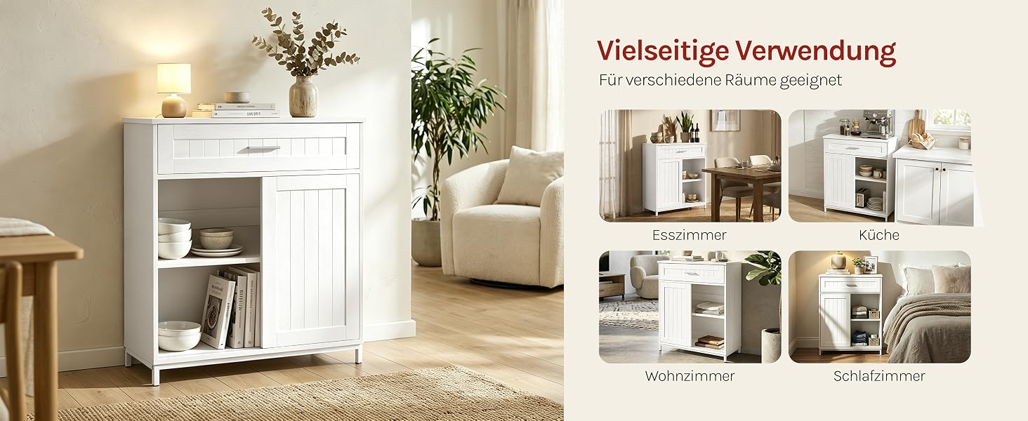 Der Text lautet 'Einfache Verwendung' und 'Leicht zu installieren'. Weißer Holzschrank mit Regalen im Wohnzimmer, dazu eine Produktverpackung, auf der mehrere Varianten des Schrankstils und Montagepläne zu sehen sind.