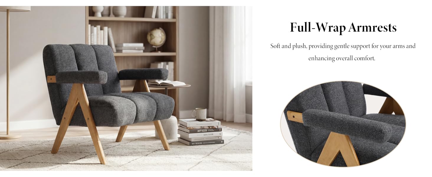 Text reads 'Full Wrap Armrest'. Modern gray fabric armrest wrap or cover with wooden legs shown from multiple angles in a living room setting.