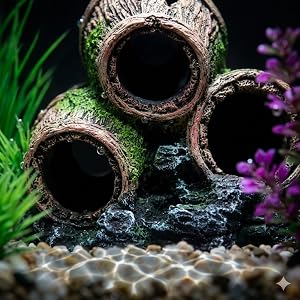 Aquarium or terrarium decorative pieces showing dark hollow log-like structures against natural background with purple flowers.