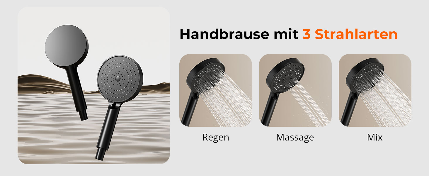 Der Text lautet „Handbrause mit 3 Strahlarten“. Es werden drei schwarze Handbrausen mit unterschiedlichen Strahlmustern angezeigt: Regen (Regen), Massage (Massage), Mix (gemischter Sprühstrahl).