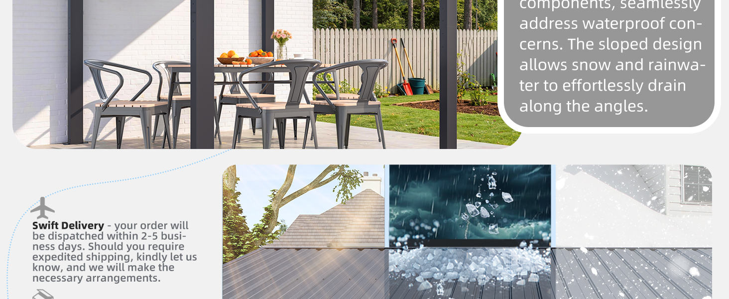 Outdoor living scene showing patio furniture with dining table and chairs; includes descriptive text about product features (text too small to read with full confidence); modern residential exterior setting.