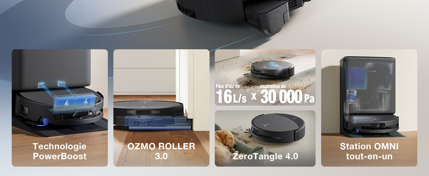Le texte indique « 180 g x 30 100 g ». Ensemble de quatre images de comparaison de produits montrant ce qui semble être des aspirateurs robotiques dans différentes positions.