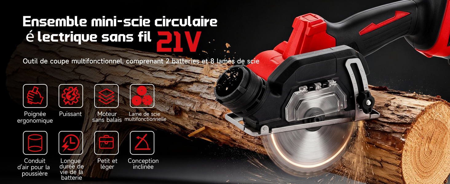 Le texte se lit comme suit : « Ensemble mini-scie circulaire électrique sans fil ». Démonstration de produit montrant une scie circulaire sans fil coupant du bois avec interface de commande éclairée en rouge.