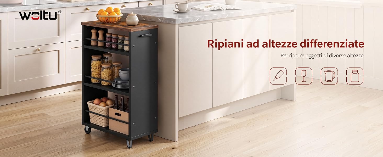 Il testo riporta il marchio «welby» e «Ripiani ad altezza differenziate» (in italiano per «ripiani ad altezza regolabile»). Contenitore mobile con quattro ripiani contenenti vari oggetti, esposto nell'ambiente interno della casa.