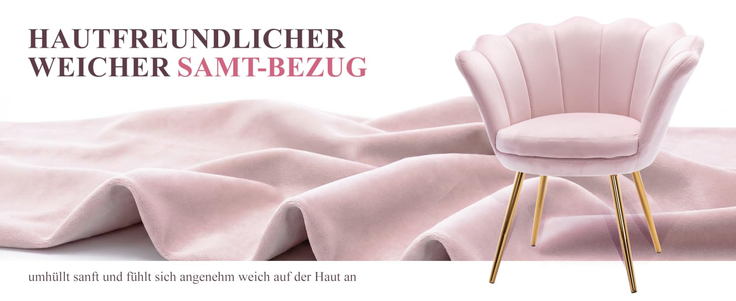 Der Text lautet 'HAUTFREUNDLICHER WEICHER SAMT-BEZUG' und 'xxxxx soft and filld ch machen wärme & för hue uw'. Sessel aus rosafarbenem Samt mit Holzbeinen, auf denen gefaltete Stoffmuster aus weichem Textilmaterial abgebildet sind.