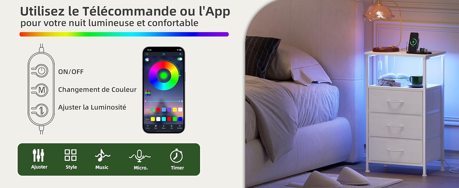 Le texte indique « Utilisez la Télécommande ou l'App ». Série de captures d'écran de l'interface montrant les commandes de la maison intelligente avec éclairage coloré et paramètres de la pièce.