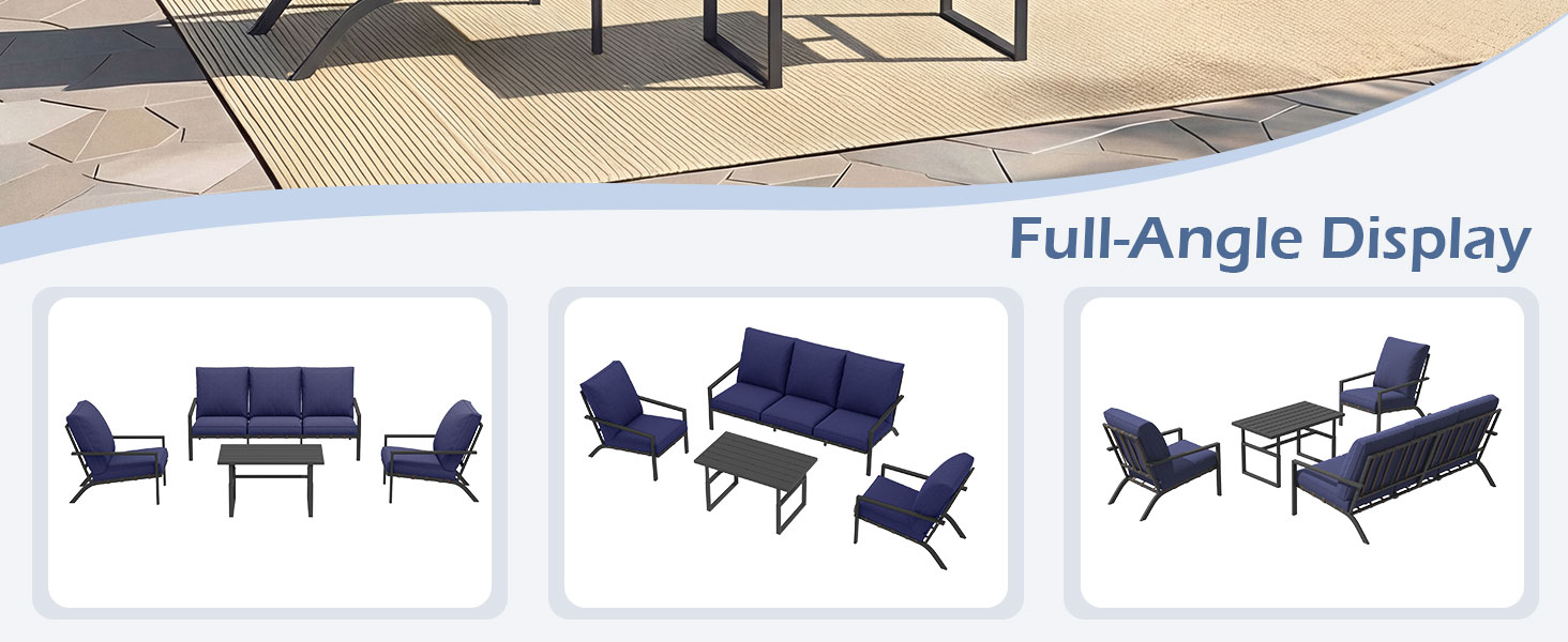 Text reads 'Full-Angle Display'. Series of product images showing a navy blue convertible sofa bed in various positions from upright couch to fully flat bed configuration.