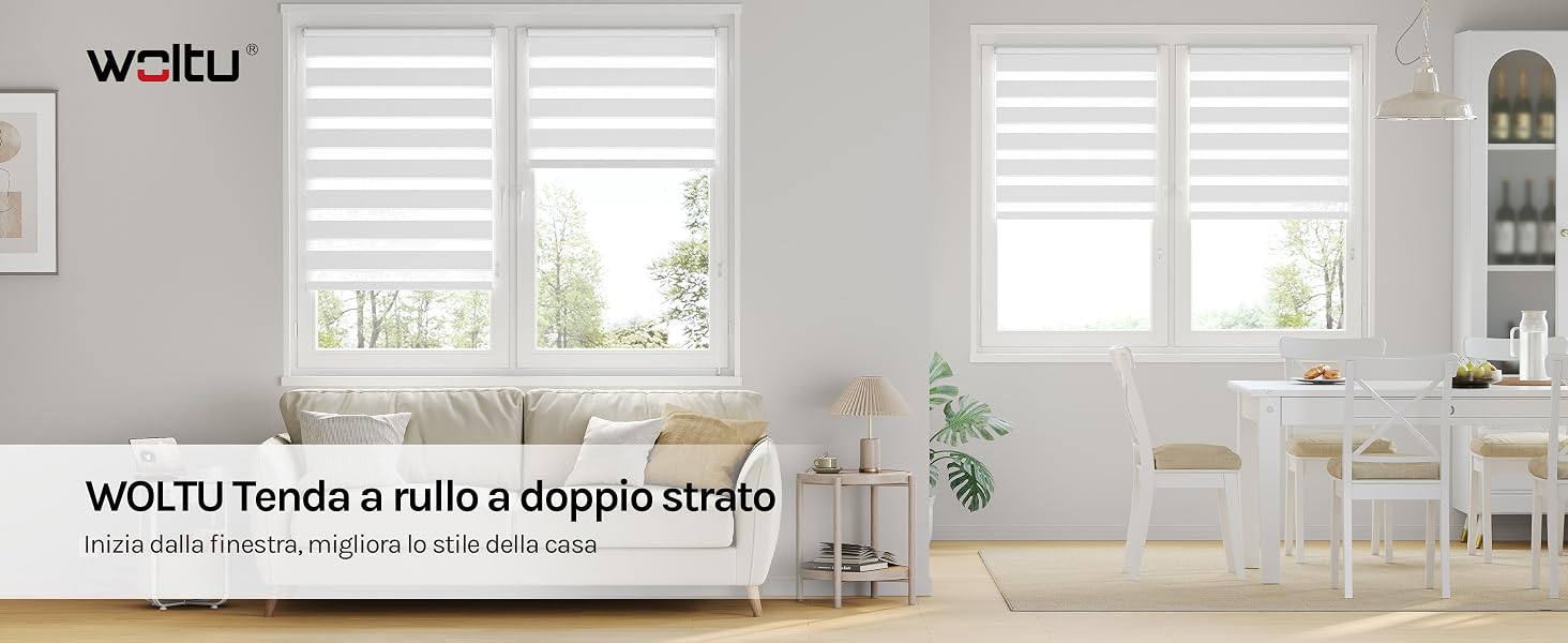 Il testo recita «WOLTU» e «WOLTU Tende a rullo a doppio strato». L'interno della camera presenta tende a rullo bianche con lamelle orizzontali sulle finestre, camera da letto leggera e minimalista.