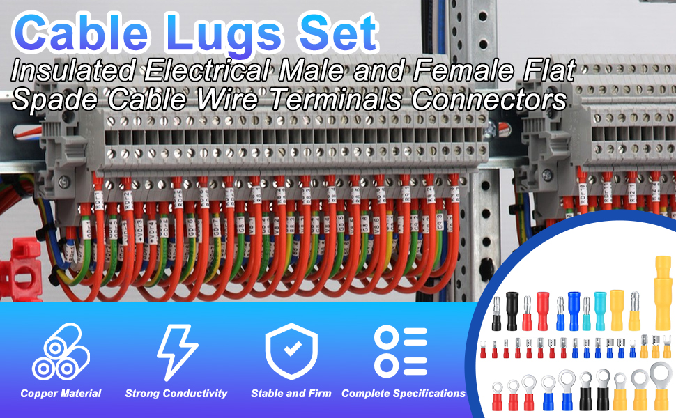 Cable lugs set featuring insulated electrical connectors in various colors. Includes product image and icons highlighting copper material, strong connectivity, and safety features.