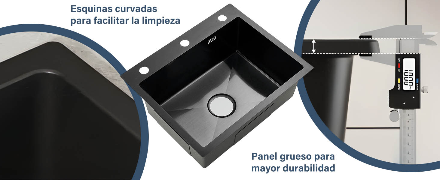 El texto dice «Esquinas curvadas se le facilitar la limpieza» y «Panel grande para mayor durabilidad». Muestra los detalles de instalación del fregadero de cocina negro y las características de las esquinas.